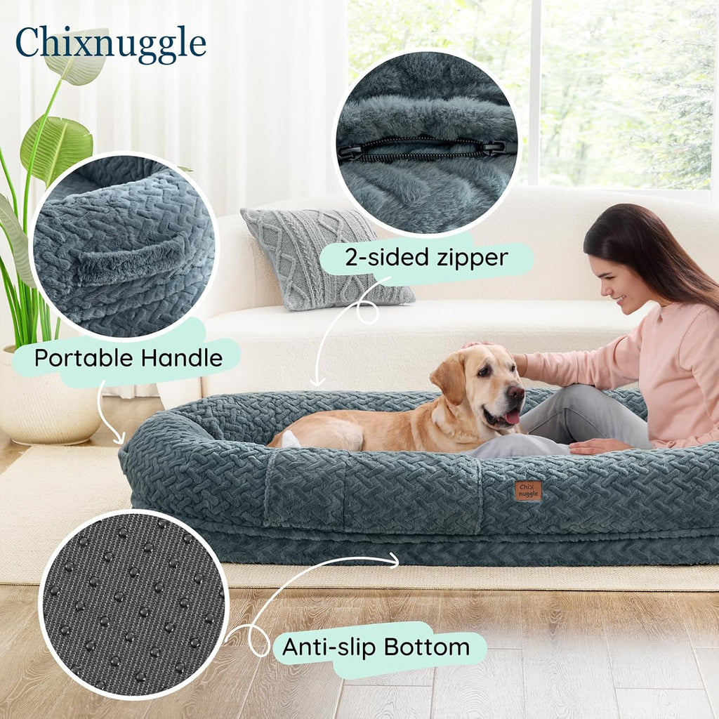 Click to See Full View 3+ 7 VIDEOS Human Dog Bed for Adult - Luxury Faux Fur Giant Size Dog Bed with Portable Handle, Egg Orthopedic Foam Bed with Blanketgrayish Blue