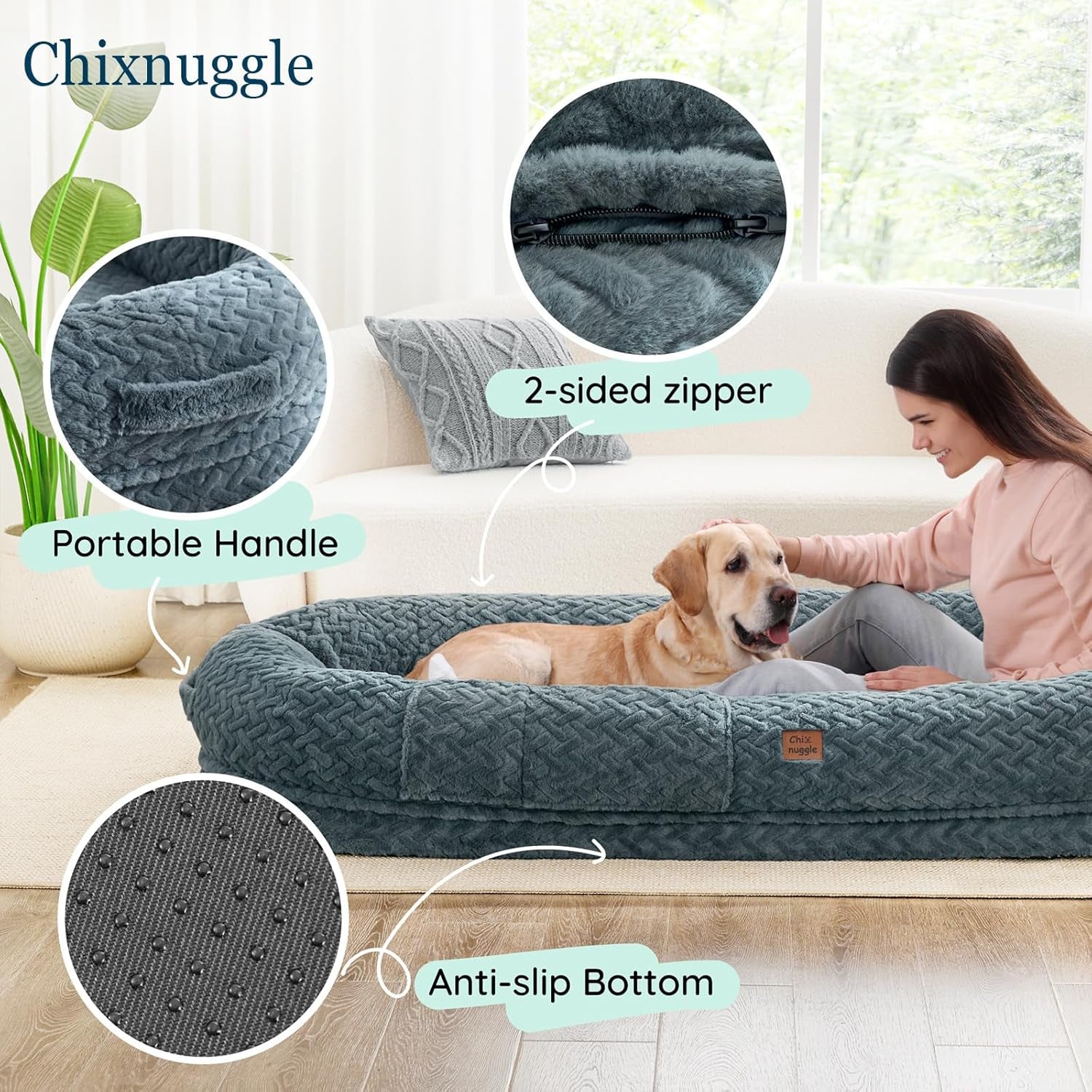 Click to See Full View 3+ 7 VIDEOS Human Dog Bed for Adult - Luxury Faux Fur Giant Size Dog Bed with Portable Handle, Egg Orthopedic Foam Bed with Blanketgrayish Blue