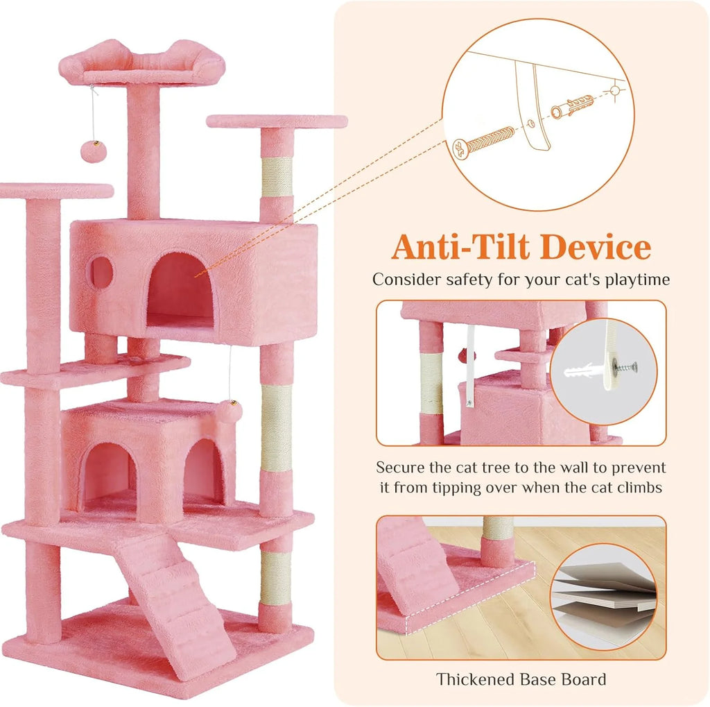 54 Inch Cat Tree Tower, Multi-Level with Cat Scratching Post, Indoor Cat Condo with Climbing Ladder, Plush Toy, Play House for Cat, Pink