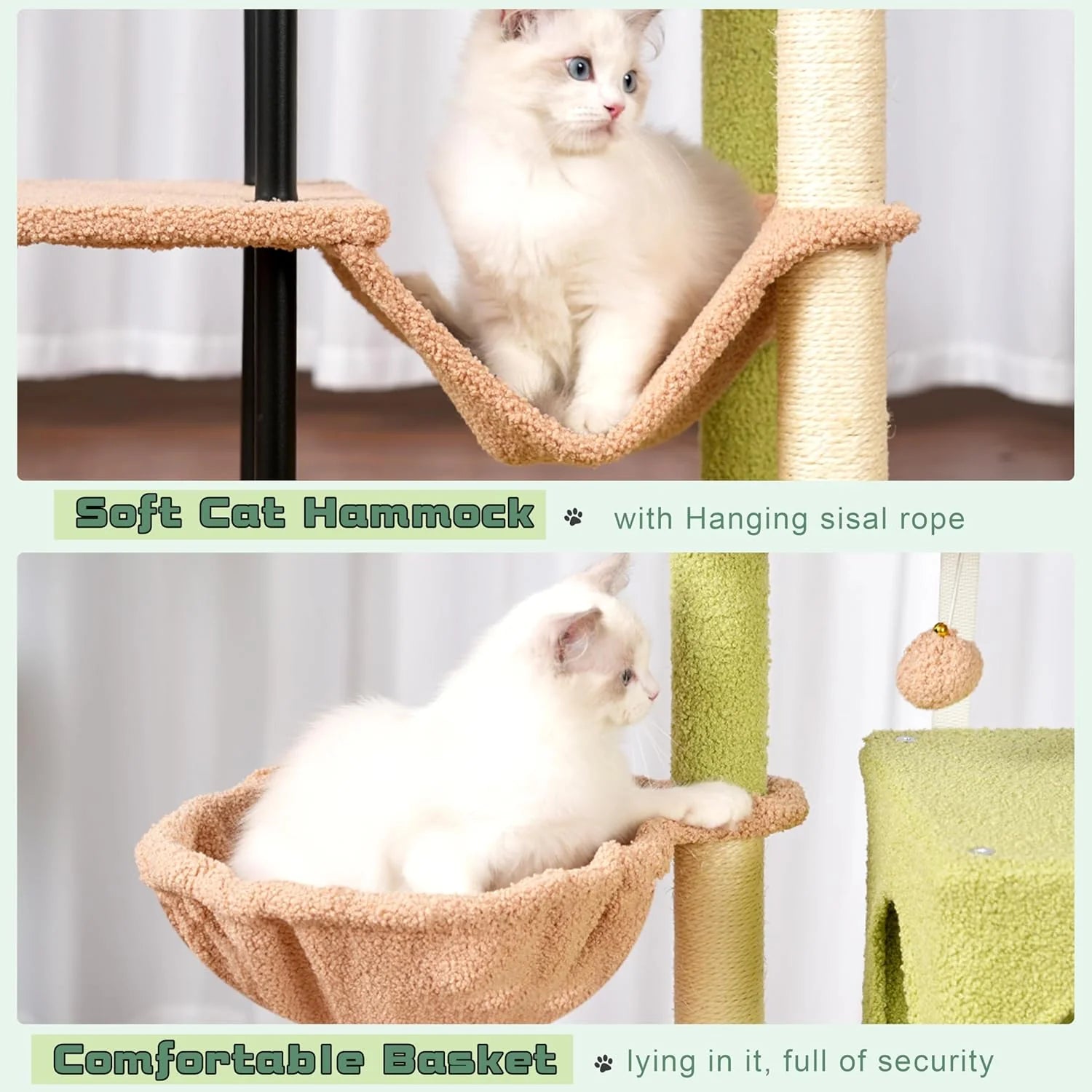 Cat Tree, Cat Tower for Indoor Cats, 43.3 Inch Cactus Cat Tree Tower with Sturdy Steel Tube, Hammock, Cat Condo for Small Cats and Kittens, Scratching Post