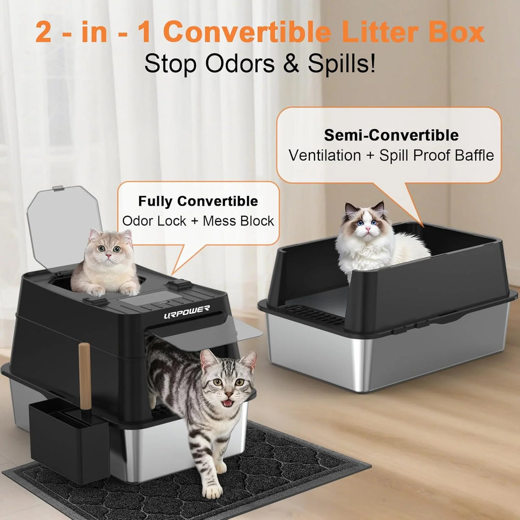 Stainless Steel Cat Litter Box with Lid 110° Flip-Top Extra Large Enclosed Litter Box Non-Sticky Metal Pan with High Sided & Scoop, Odor Free, Front & Top Entry, Anti-Leakage, Easy Cleaning
