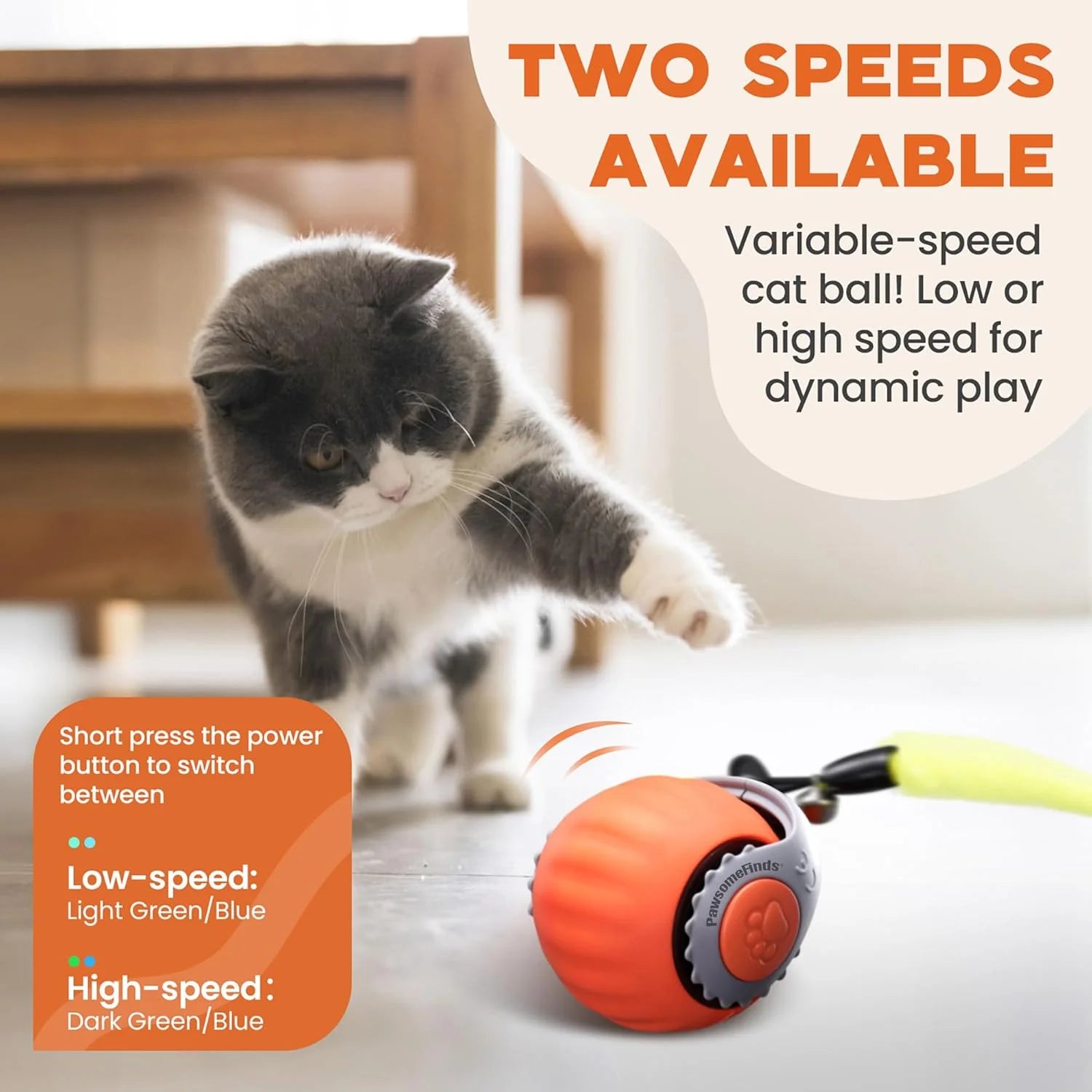 Cat Toy for Indoor Cats, Two Speed Smart Automatic Cat Toy Moving Ball with Tail, Rechargeable Motion Activated Cat Toys for Bored Indoor Adult Cats (Adapter Not Included)