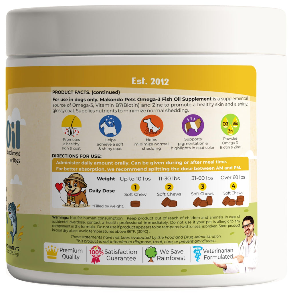 Omega-3 Fish Oil Chews for Dogs 120 Count Skin & Coat Shedding EPA & DHA