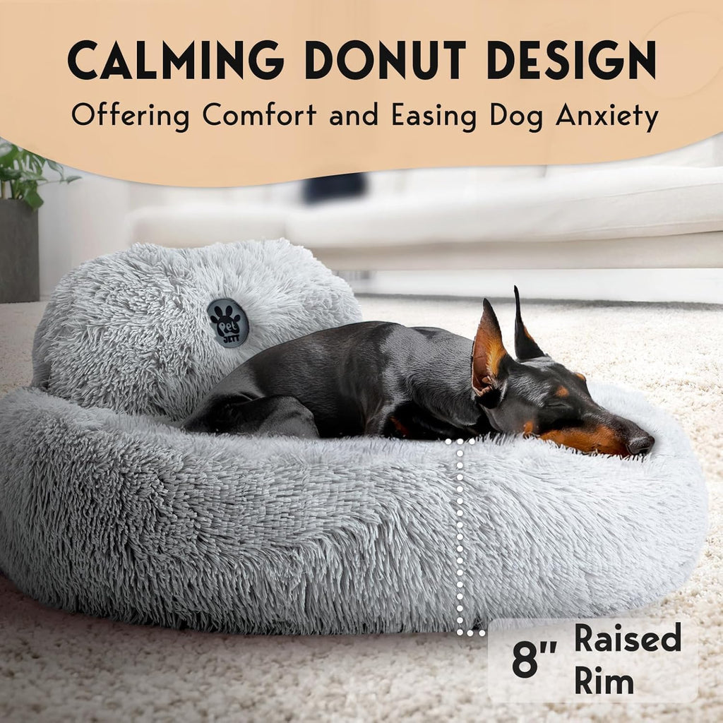 Petjett Calming Dog Beds Large Sized Dog - round Bed, Anti-Slip & Washable Super Soft Donut Bed, Fluffy Faux Fur Anti-Anxiety Premium Comfort Pet Bed, Fits Dogs - Bright Grey