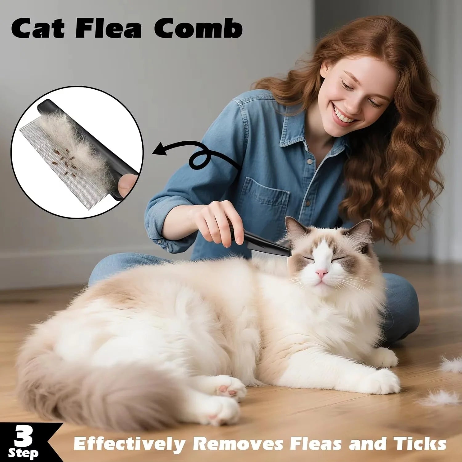 3PCS Cat Grooming Supplies, Cat Brush & Nail Clipper/Trimmer & Flea Comb for Shedding Indoor Cats Essentials Stuff Accessories