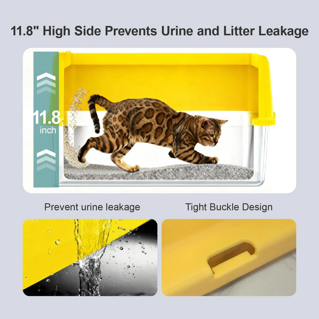 Cat Litter Box, Open Top High-Sided Metal Litter Box with Scoop, Extra Large Litter Boxes for Kitty Kitten and Big Cats, Anti-Urine Leakage, Non-Sticky, Easy to Clean (Yellow)