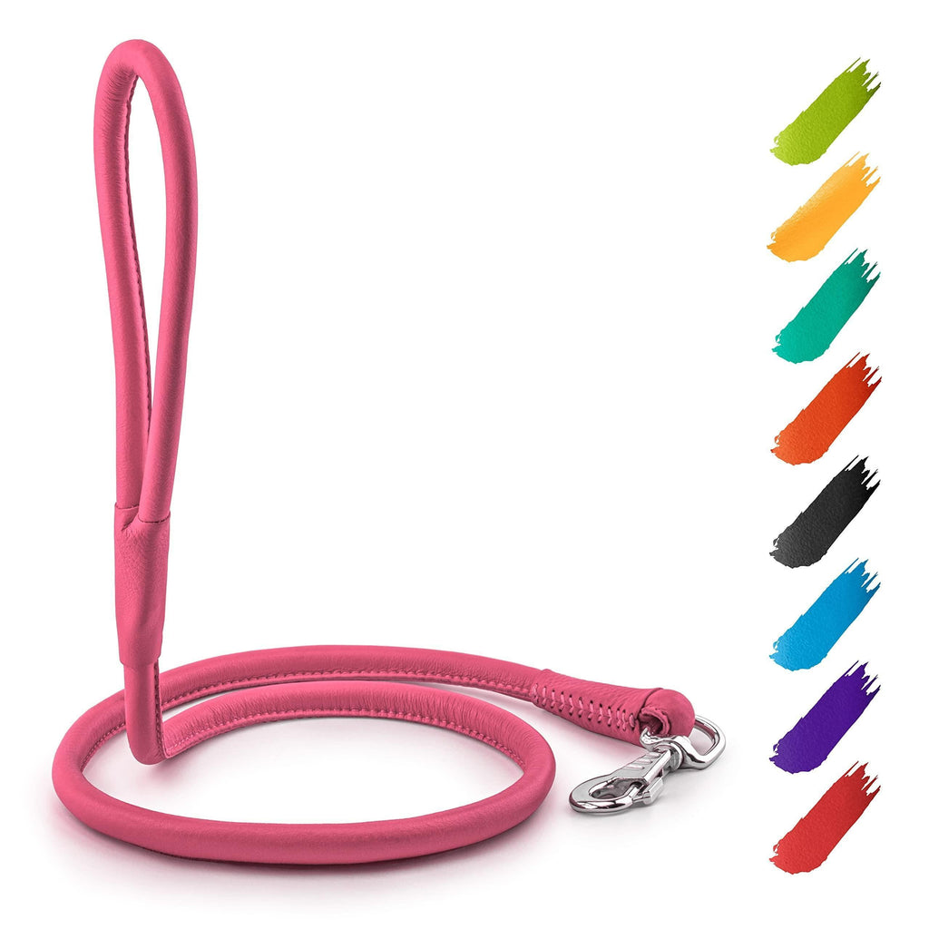 Rolled Leather Dog Leash 4 Ft X 0.5 in All Sizes Pink