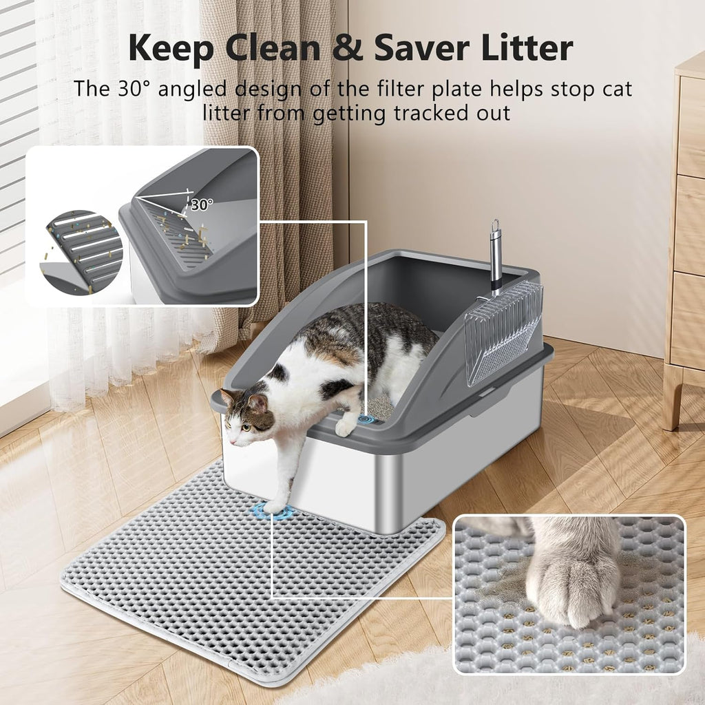 Steel Litter Box, Extra Large Litter Boxes for Big Cats, XL Metal Cat Litter Box with Lid, Anti-Urine Leakage, Non-Sticky, Include Cat Mat and Litter Scoop