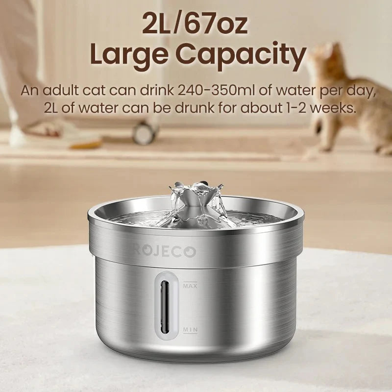ROJECO Stainless Steel Cat Water Fountain Automatic Pet Drinking Fountain for Cat Dogs Drinker Rechargeable Pet Water Purifier