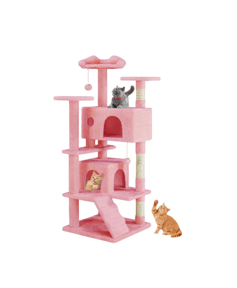 54 Inch Cat Tree Tower, Multi-Level with Cat Scratching Post, Indoor Cat Condo with Climbing Ladder, Plush Toy, Play House for Cat, Pink