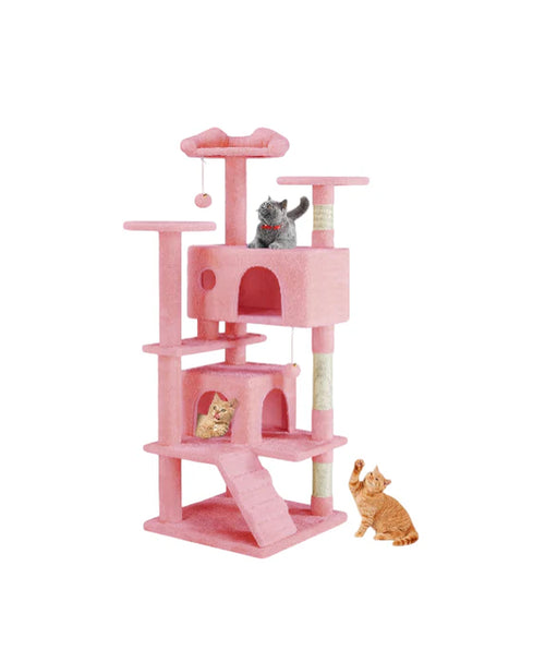 54 Inch Cat Tree Tower, Multi-Level with Cat Scratching Post, Indoor Cat Condo with Climbing Ladder, Plush Toy, Play House for Cat, Pink