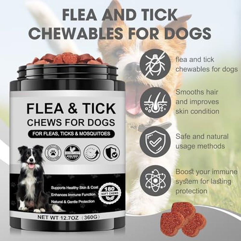 Dog Flea and Tick Chewable Supplement – Natural Support for Skin & Coat Health, Seasonal Comfort & Itch Relief – 180 Soft Chews with Chicken Flavor for Dogs & Puppies (180Pcs)