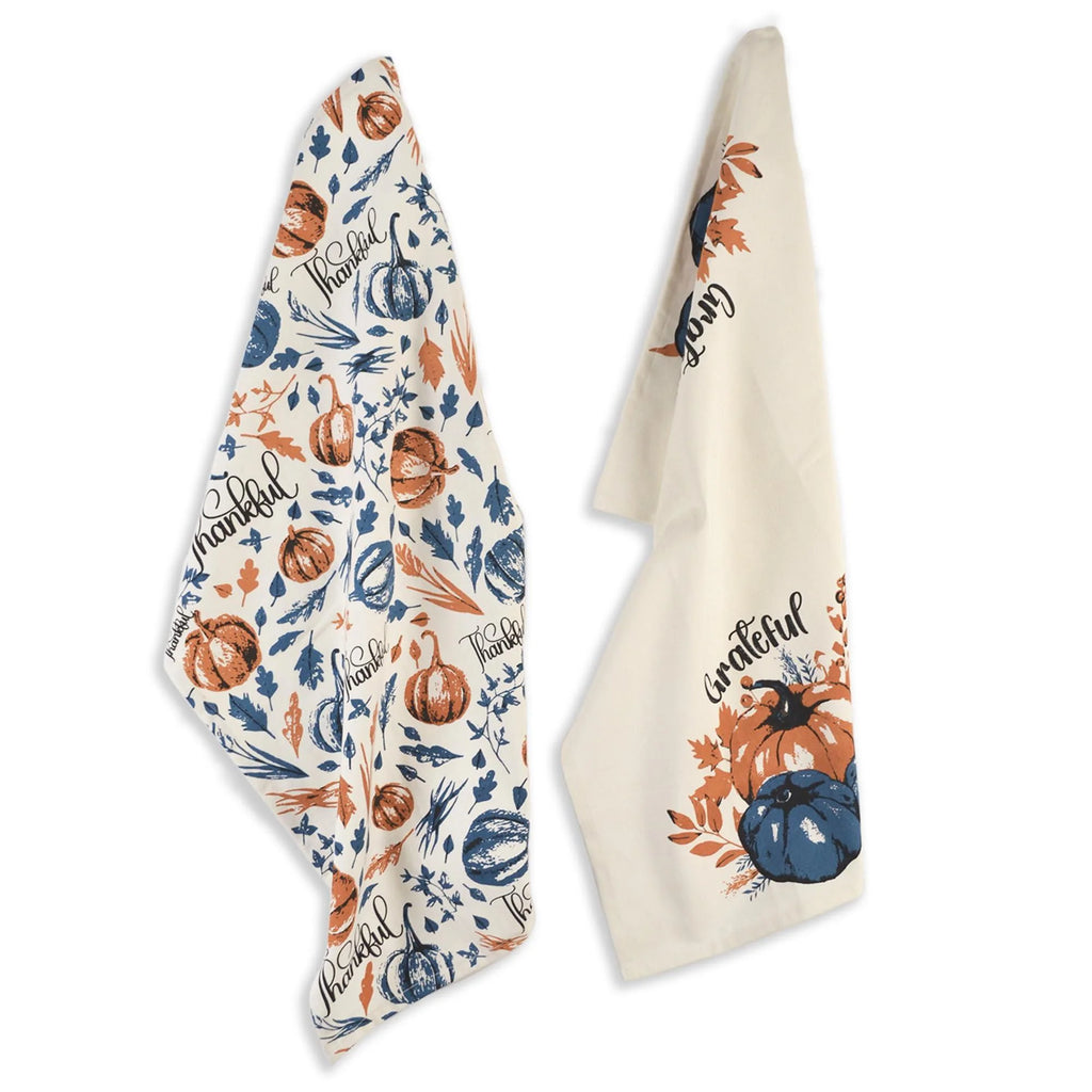 Set of 2 Thankful & Grateful Printed Dish Towels Hand Towels Boho Tea Towels Multifunctional Stylish Absorbent Quick Dry Soft 18 X28 100% Cotton Blue & Orange