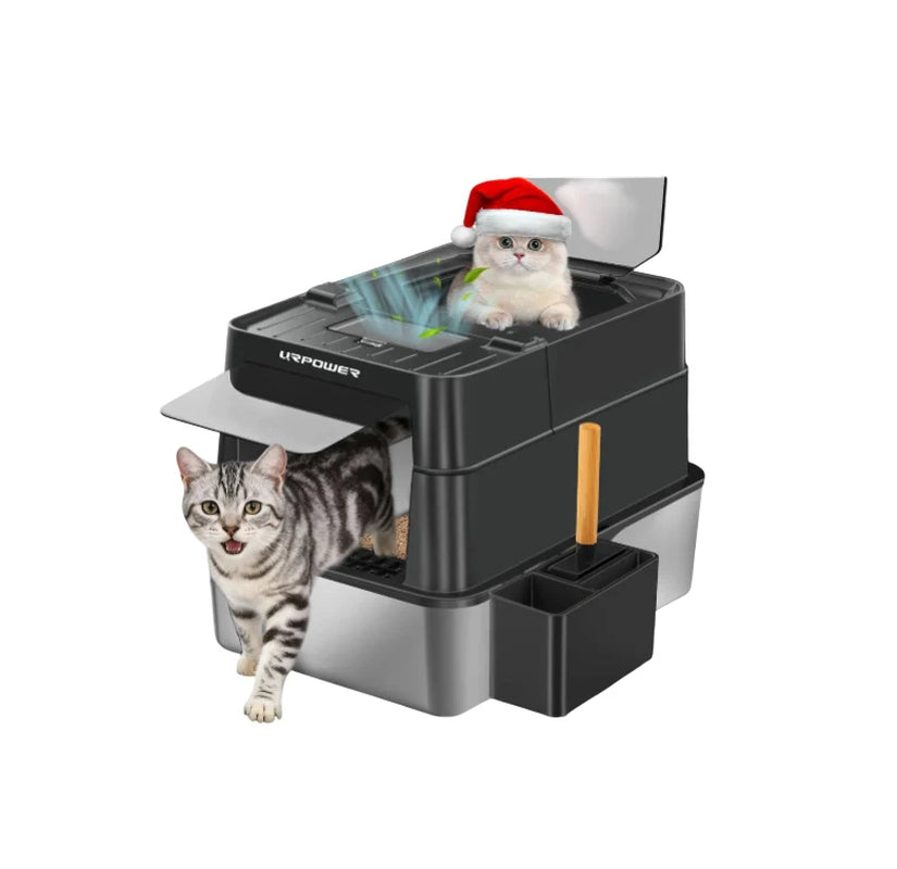 Stainless Steel Cat Litter Box with Lid 110° Flip-Top Extra Large Enclosed Litter Box Non-Sticky Metal Pan with High Sided & Scoop, Odor Free, Front & Top Entry, Anti-Leakage, Easy Cleaning