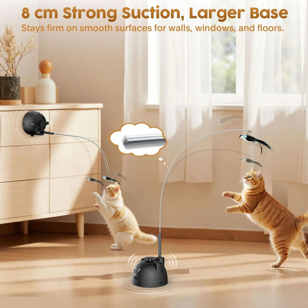 Interactive Cat Toys for Indoor Cats: Upgraded 360° Automatic Spin Flying Bird Feather Wand with Silicone Protected Rod Safe Play, Strong 8Cm Suction Cup, Usb-Rechargeable for Bored Kittens and Adult