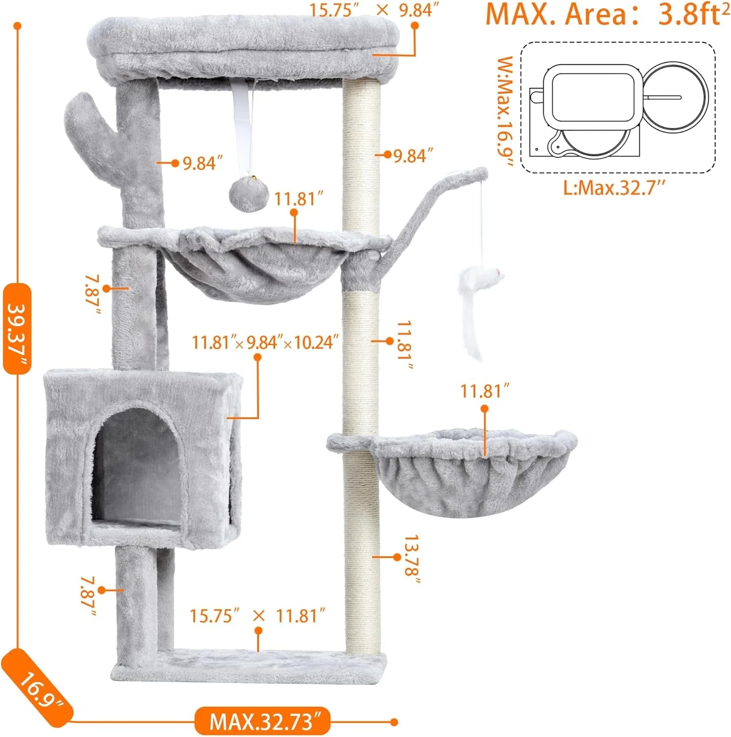 Cat Tree, 39.4 Inches Tower Condo with Scratching Post, Cat Tower for Indoor Cats, Fully Wrapped Sisal Pole, Soft Platform, 2 Baskets and Dangling Toy, Light Gray HCT006SW