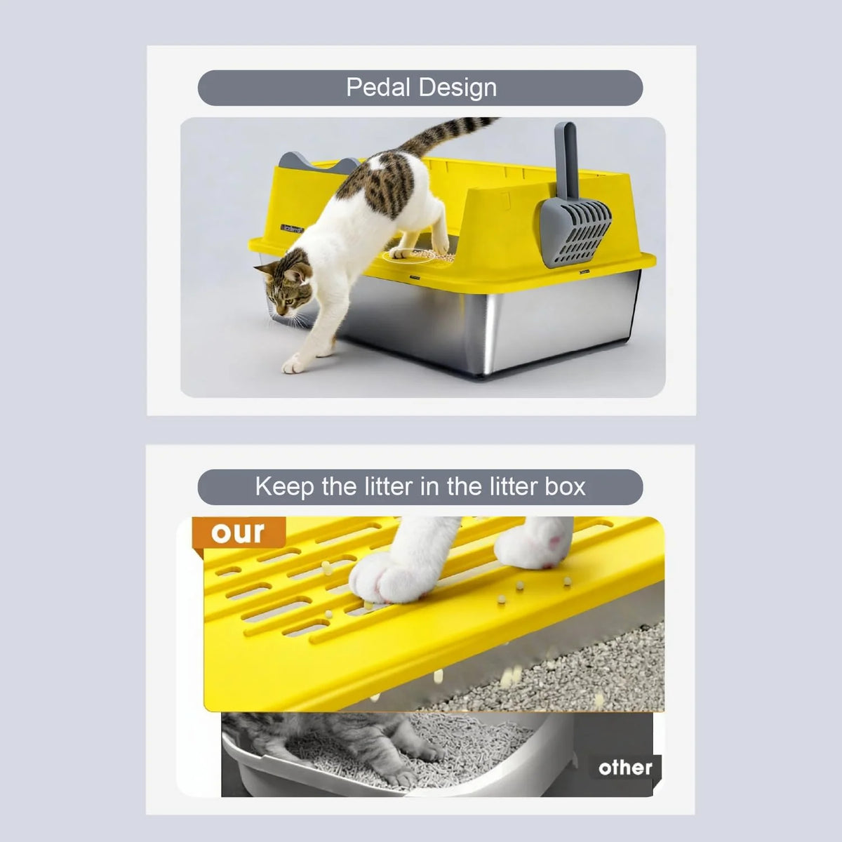 Cat Litter Box, Open Top High-Sided Metal Litter Box with Scoop, Extra Large Litter Boxes for Kitty Kitten and Big Cats, Anti-Urine Leakage, Non-Sticky, Easy to Clean (Yellow)