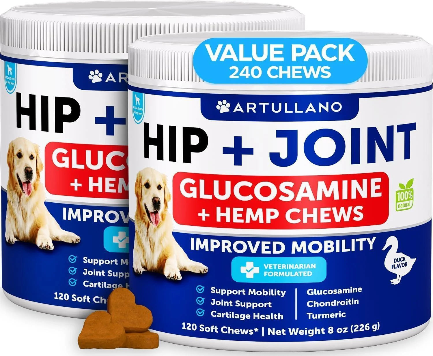 Hemp Hip & Joint Supplement for Dogs 240 Count 2-Pack Glucosamine Chondroitin & MSM