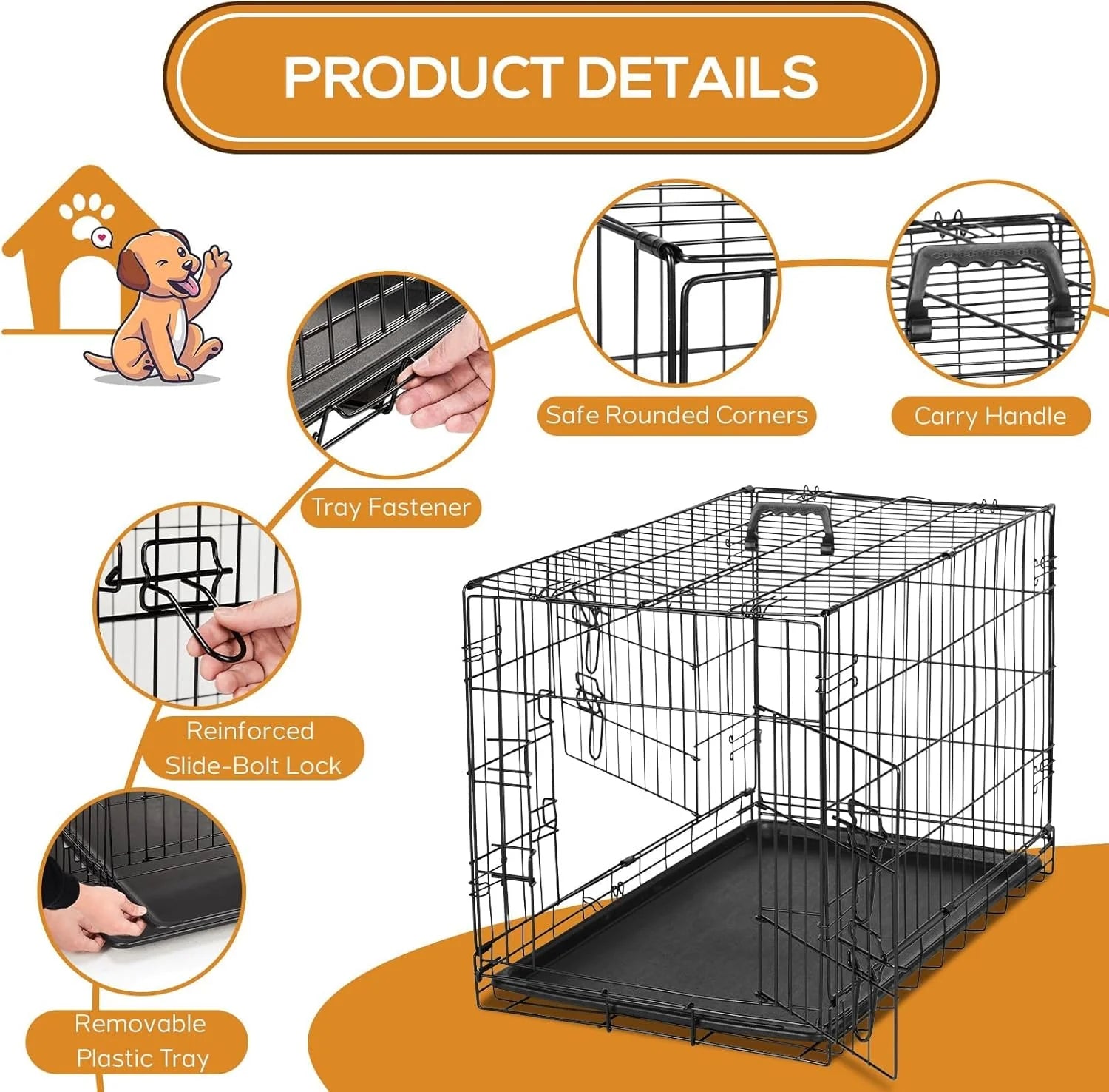 Dog Crate - 36 Inch Medium Double Door Portable Dog Cage, Metal Wire Pet Kennel with Secure Lock, Leak-Proof Pan Tray, Foldable Design for Dogs Pets Indoor Training and Outdoor Trave