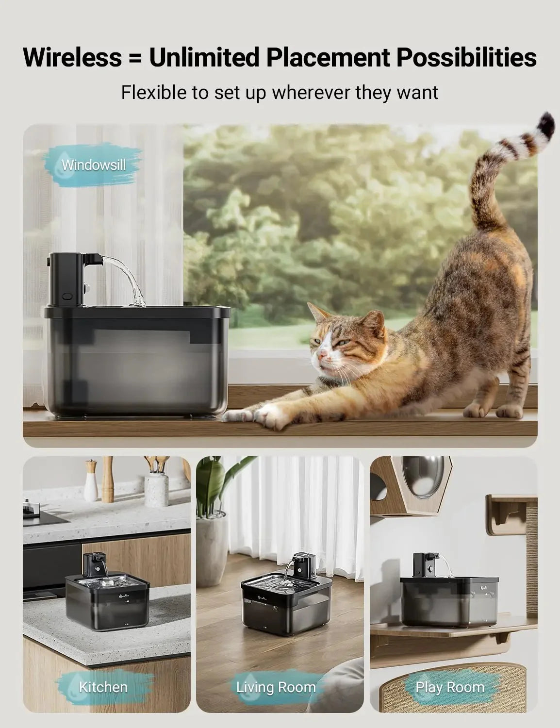 Downypaws 2.5L Automatic Stainless Steel Cat Water Fountain 4000Mah Wireless Pet Drinker Battery & Sensor 2 in 1 Dispenser