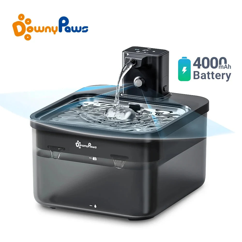 Downypaws 2.5L Automatic Stainless Steel Cat Water Fountain 4000Mah Wireless Pet Drinker Battery & Sensor 2 in 1 Dispenser