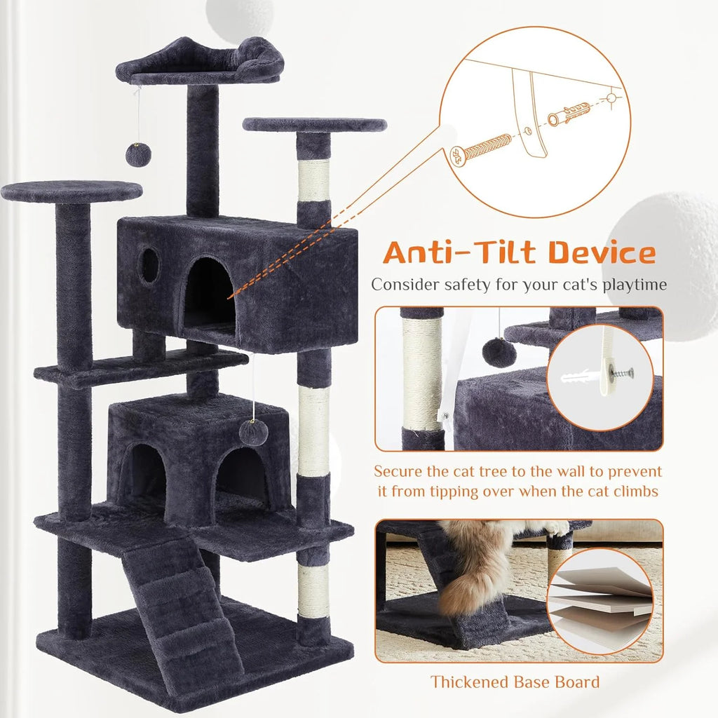 54 Inch Cat Tree Tower, Multi-Level with Cat Scratching Post, Indoor Cat Condo with Climbing Ladder, Plush Toy, Play House for Cat, Dove Grey