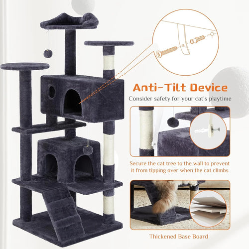 54 Inch Cat Tree Tower, Multi-Level with Cat Scratching Post, Indoor Cat Condo with Climbing Ladder, Plush Toy, Play House for Cat, Dove Grey