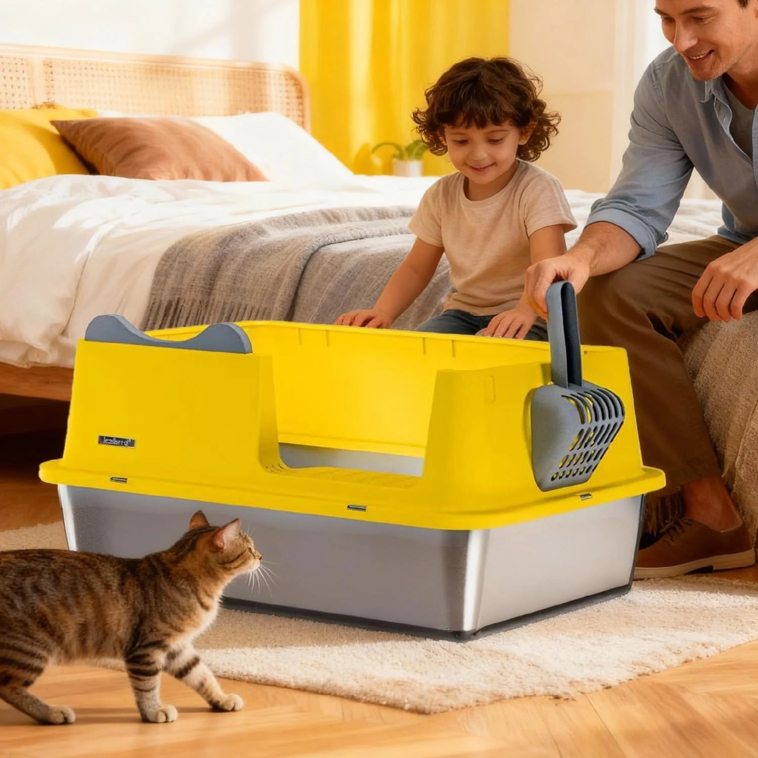 Cat Litter Box, Open Top High-Sided Metal Litter Box with Scoop, Extra Large Litter Boxes for Kitty Kitten and Big Cats, Anti-Urine Leakage, Non-Sticky, Easy to Clean (Yellow)