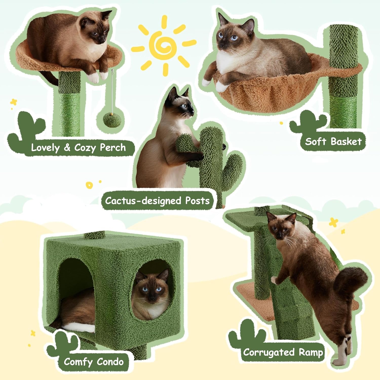 Cactus Cat Tree | 59.5In Cat Tower W/Cute Perch, Cozy Condo, Convenient Climbing Ladder | Moppy Fabric-Covered Cat House for Indoor Cats | Green/Brown