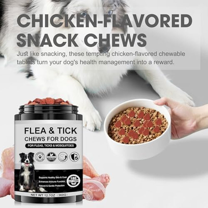 Dog Flea and Tick Chewable Supplement – Natural Support for Skin & Coat Health, Seasonal Comfort & Itch Relief – 180 Soft Chews with Chicken Flavor for Dogs & Puppies (180Pcs)