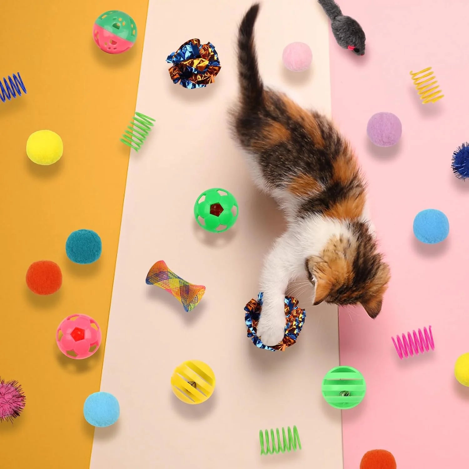 Kitten Toys, 60PCS Cat Balls Springs Toy Set, Cat Mouse Toy, Kitten Sparkle Crinkle Balls Furry Soft Pom Pom