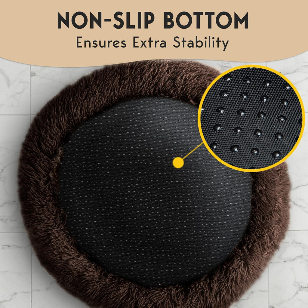 Petjett Calming Dog Bed Medium Size Dog - Donut Bed, Anti-Slip & Washable Super Soft Fluffy Plush round Bed, Anti-Anxiety Premium Comfort Pet Bed, Fits Dogs- Brown