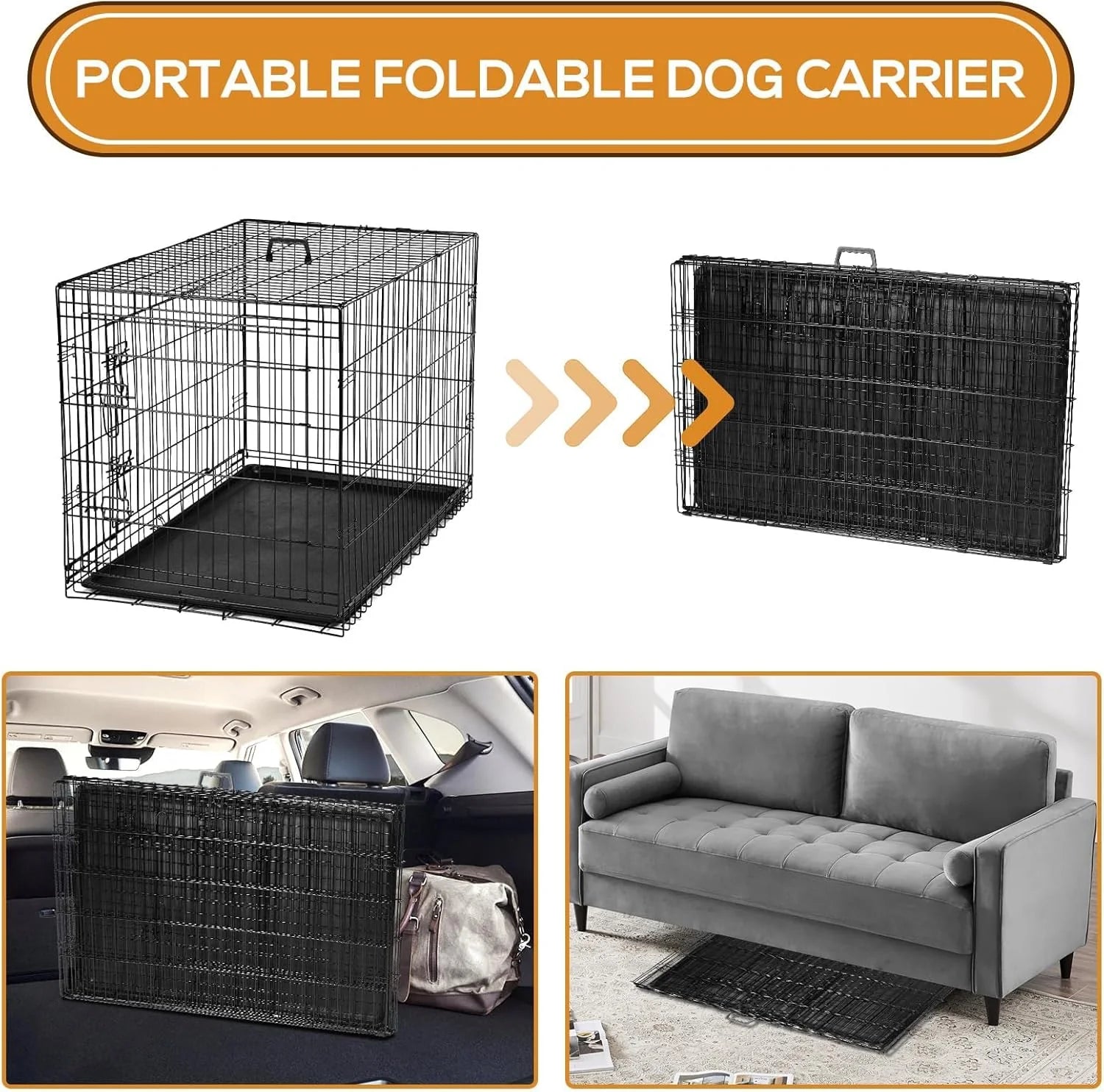 Dog Crate - 36 Inch Medium Double Door Portable Dog Cage, Metal Wire Pet Kennel with Secure Lock, Leak-Proof Pan Tray, Foldable Design for Dogs Pets Indoor Training and Outdoor Trave