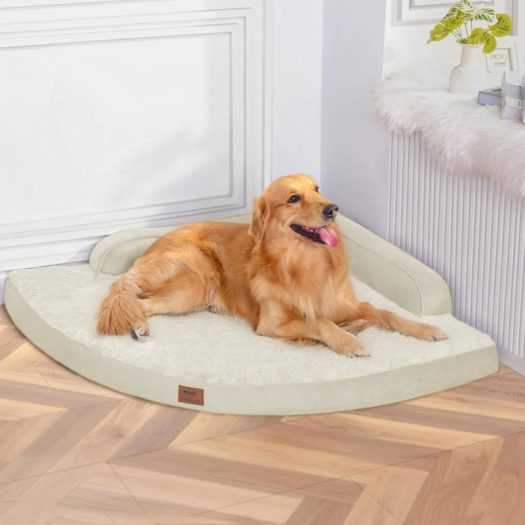 Large Dog Bed - Orthopedic Egg-Crate Memory Foam Dog Beds with Removable Washable Cover, Waterproof Pet Beds with Non-Slip Bottom, Beige