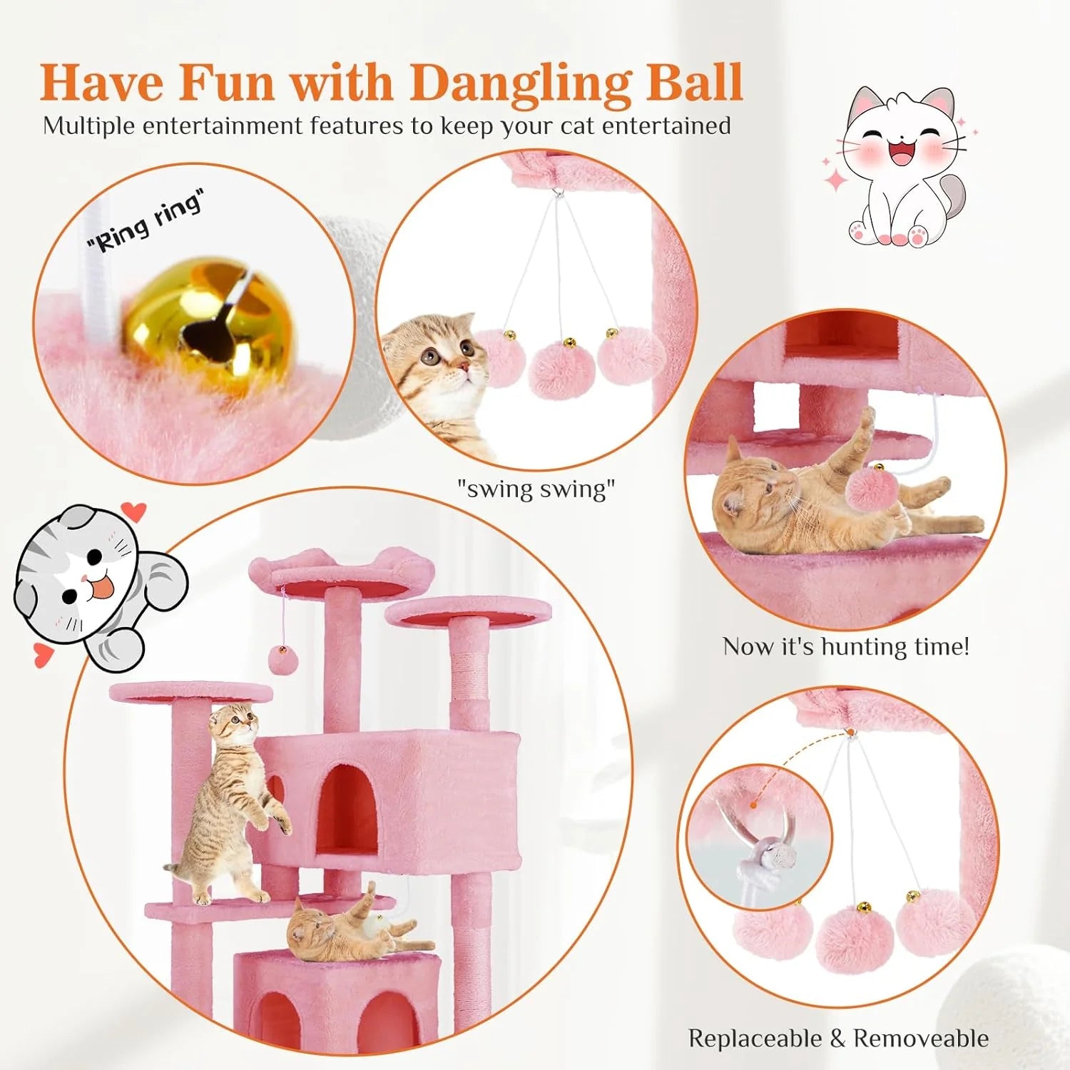 54 Inch Cat Tree Tower, Multi-Level with Cat Scratching Post, Indoor Cat Condo with Climbing Ladder, Plush Toy, Play House for Cat, Pink