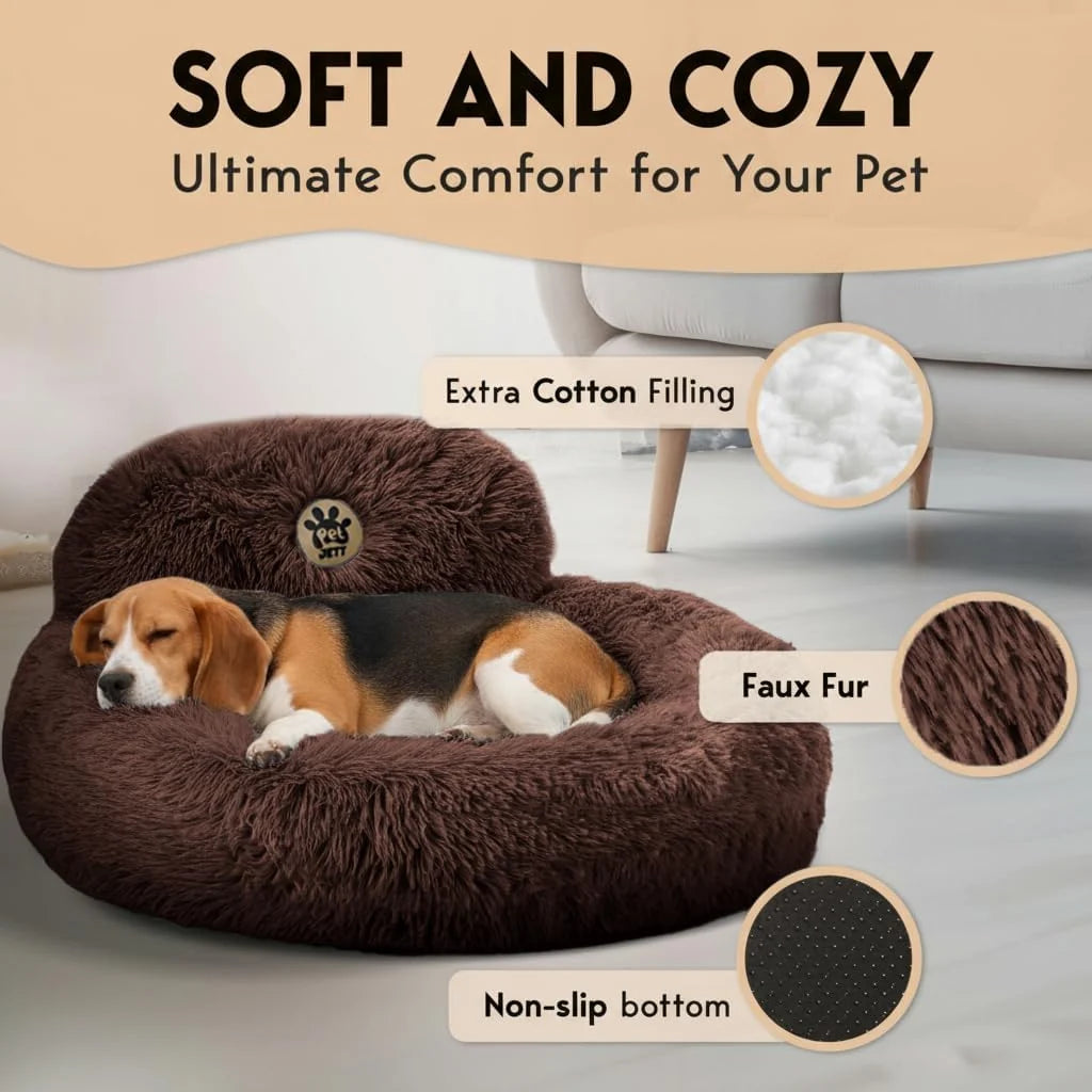 Petjett Calming Dog Bed Medium Size Dog - Donut Bed, Anti-Slip & Washable Super Soft Fluffy Plush round Bed, Anti-Anxiety Premium Comfort Pet Bed, Fits Dogs- Brown