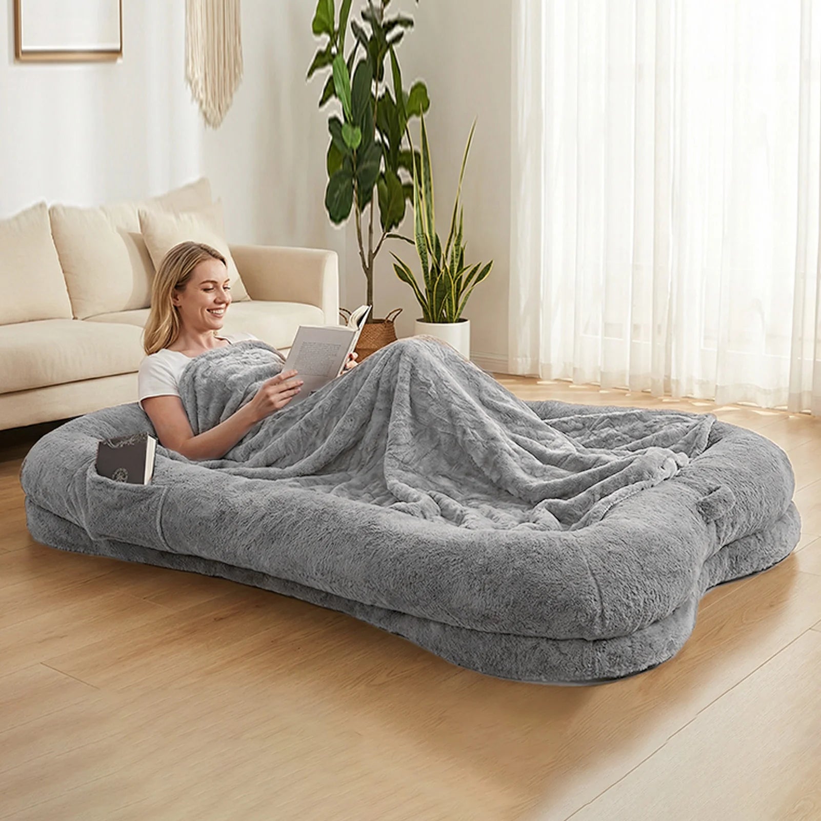Human Dog Bed Washable Large Size Non Slip Bottom Comfortable Plush Giant Size Dog Bed with Blanket and Pocket for Home