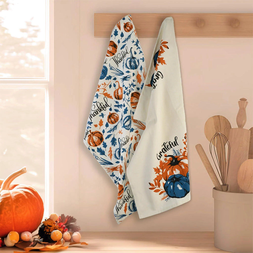 Set of 2 Thankful & Grateful Printed Dish Towels Hand Towels Boho Tea Towels Multifunctional Stylish Absorbent Quick Dry Soft 18 X28 100% Cotton Blue & Orange