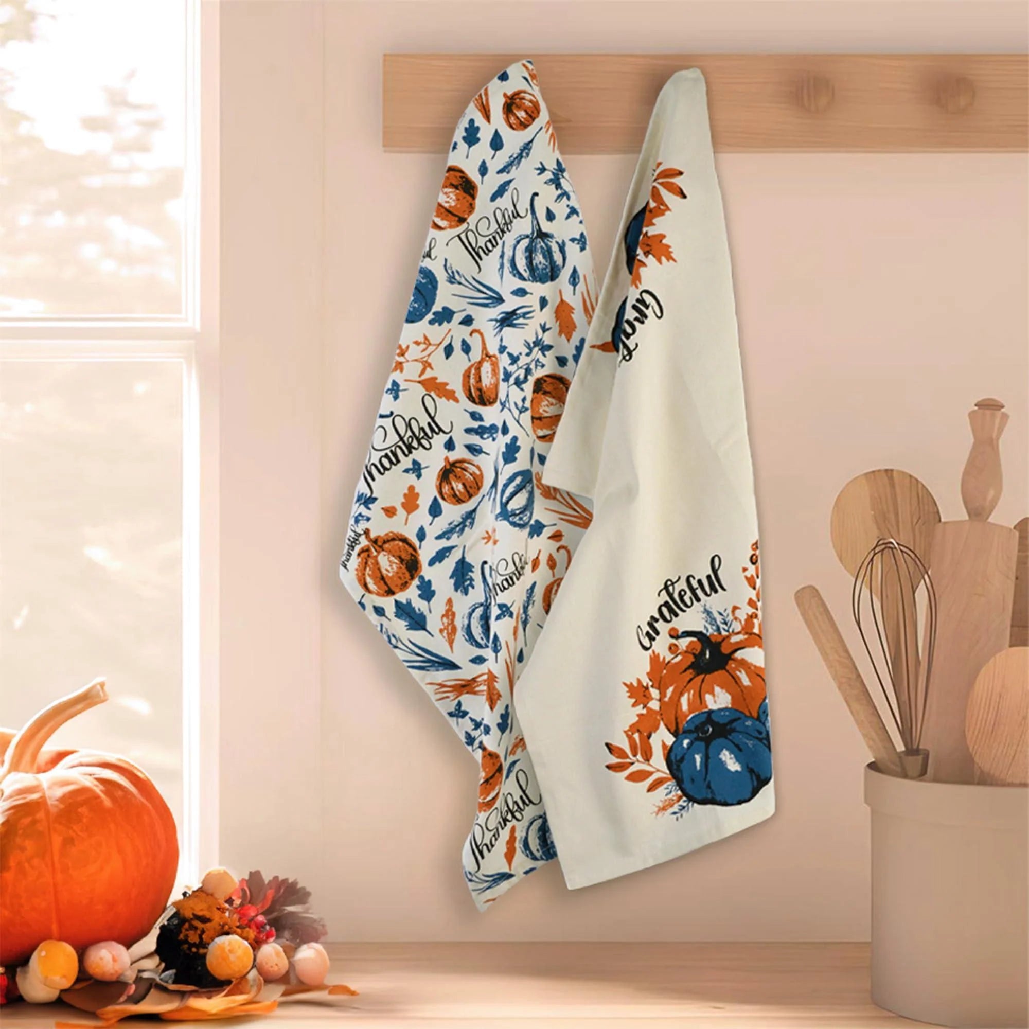 Set of 2 Thankful & Grateful Printed Dish Towels Hand Towels Boho Tea Towels Multifunctional Stylish Absorbent Quick Dry Soft 18 X28 100% Cotton Blue & Orange