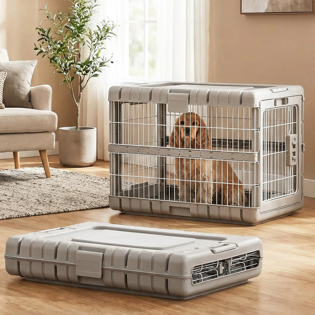 Foldable Dog Crate for Medium Dogs - 28" L Collapsible Dog Kennel No Tools Required with 4 Sides Steel Cage for Dogs Indoor, Portable Carrier with 2 Smooth Wheels for Travel