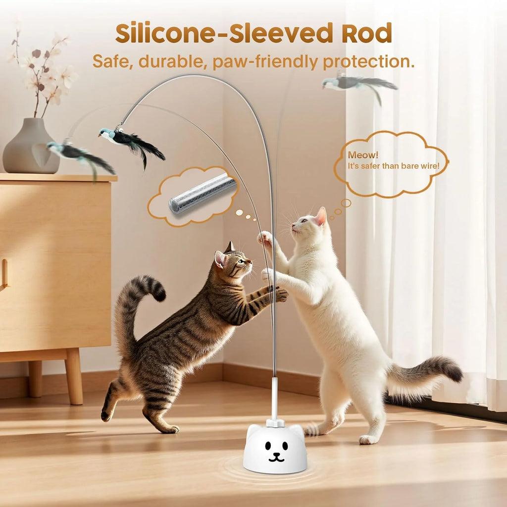 Interactive Cat Toys for Indoor Cats: Upgraded 360° Automatic Spin Flying Bird Feather Wand with Silicone Protected Rod Safe Play, Strong 8Cm Suction Cup, Usb-Rechargeable for Bored Kittens and Adult