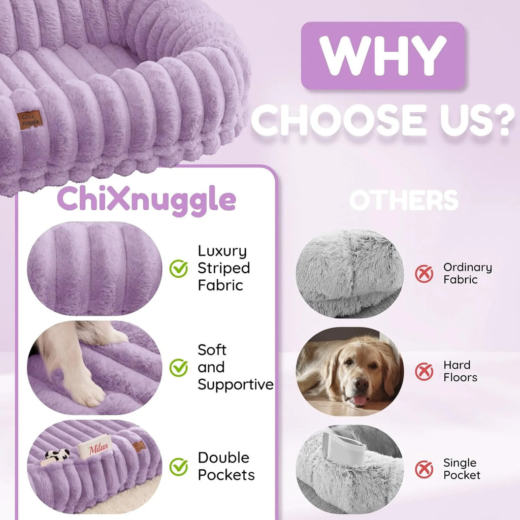 Human Dog Bed for Adult - Luxury Striped Faux Fur Giant Dog Bed with Portable Handle, Egg Orthopedic Foam Pad with Thick Blanket,, Purple