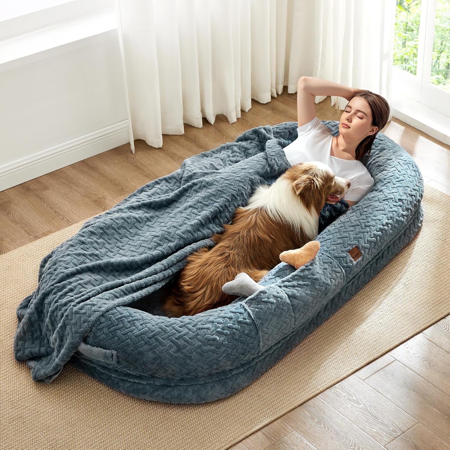 Click to See Full View 3+ 7 VIDEOS Human Dog Bed for Adult - Luxury Faux Fur Giant Size Dog Bed with Portable Handle, Egg Orthopedic Foam Bed with Blanketgrayish Blue