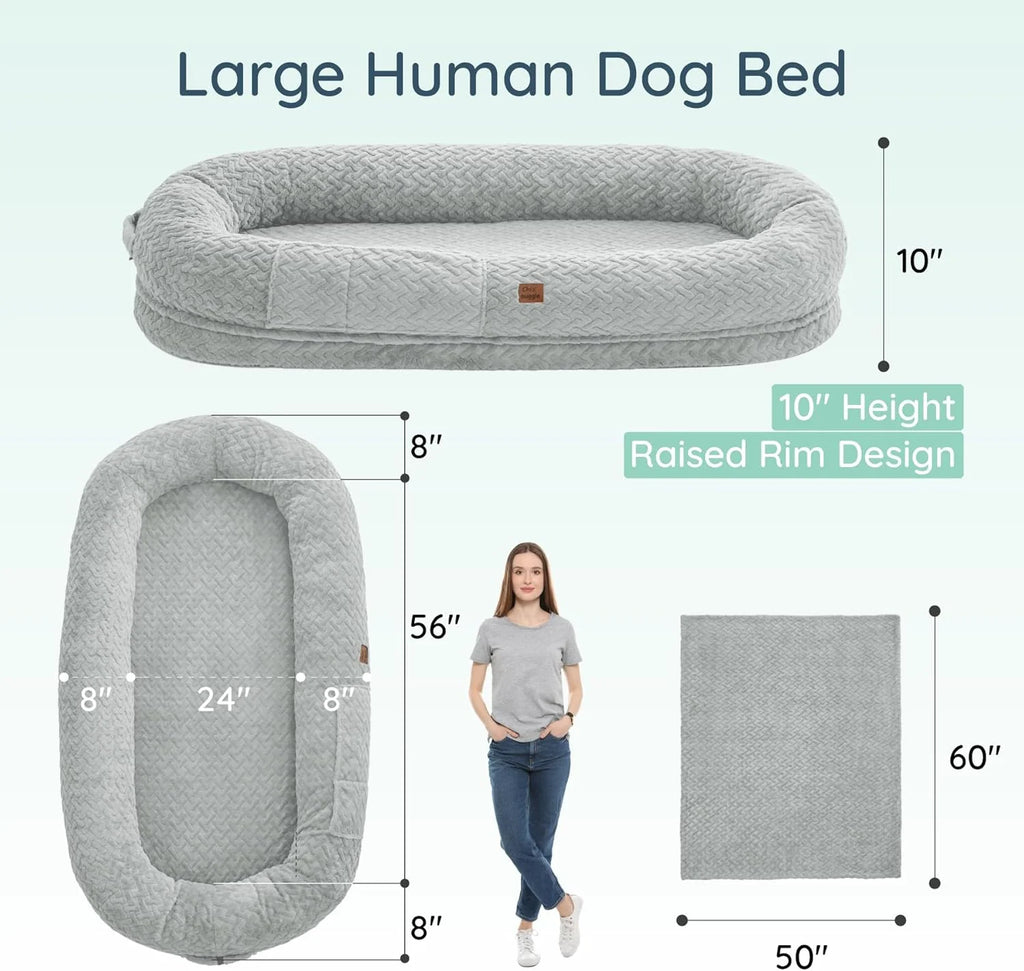 Human Dog Bed for Adult - Luxury Faux Fur Giant Size Dog Bed with Portable Handle, Egg Orthopedic Foam with Blanket, Light Grey