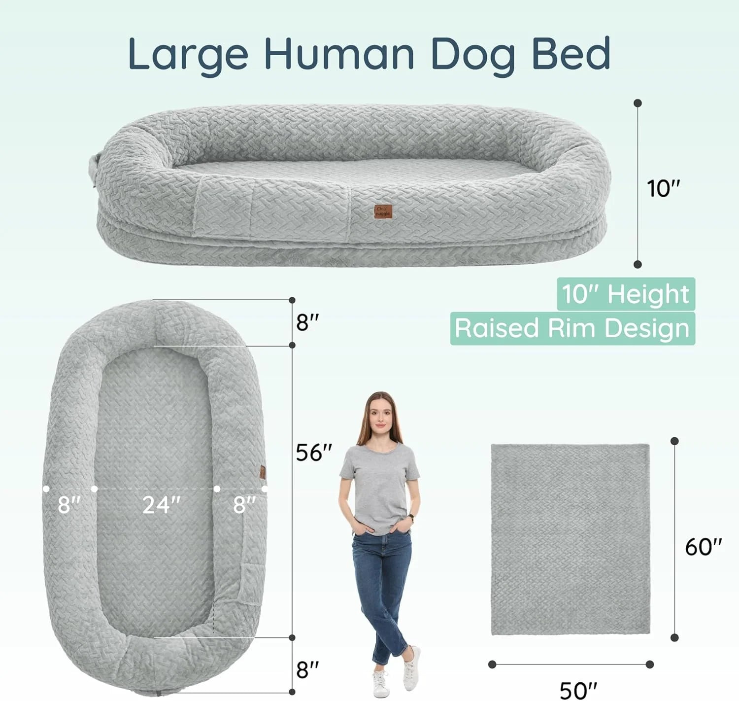Human Dog Bed for Adult - Luxury Faux Fur Giant Size Dog Bed with Portable Handle, Egg Orthopedic Foam with Blanket, Light Grey