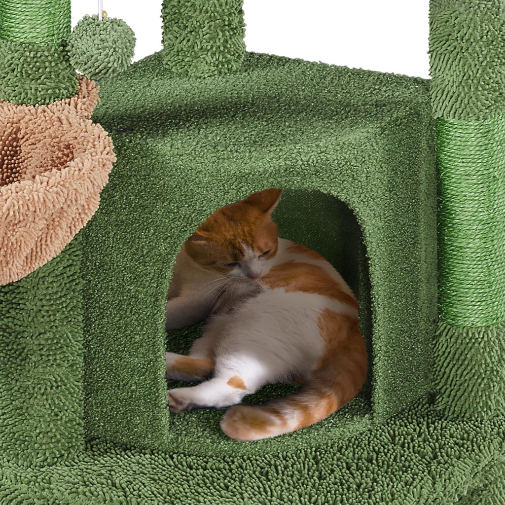 Cactus Cat Tree, 42In Cat Tower for Indoor Cats, Multi Level Kitten Condo Scratching Post, Cat Activity Center Pet Furniture W/Ball, Plush Perch, Platform, Basket