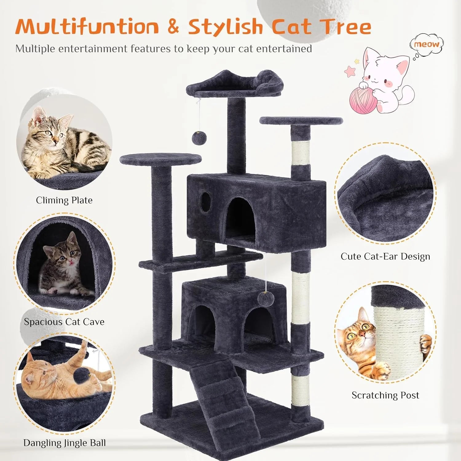 54 Inch Cat Tree Tower, Multi-Level with Cat Scratching Post, Indoor Cat Condo with Climbing Ladder, Plush Toy, Play House for Cat, Dove Grey