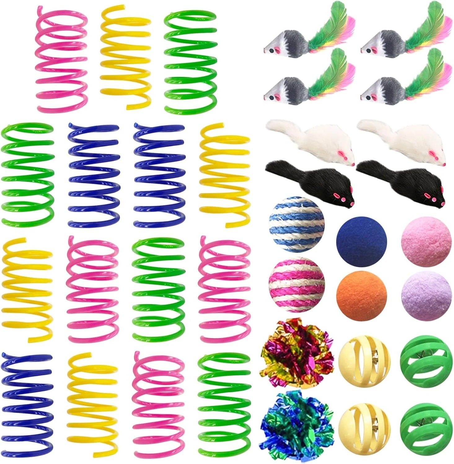 Cat Toys for Indoor Cats, 35 Packs Interactive Cat Toys Set with Colorful Springs, Mouse Cat Toy, Crinkle, Sisal, Pompom and Color Bell Balls for Kittens