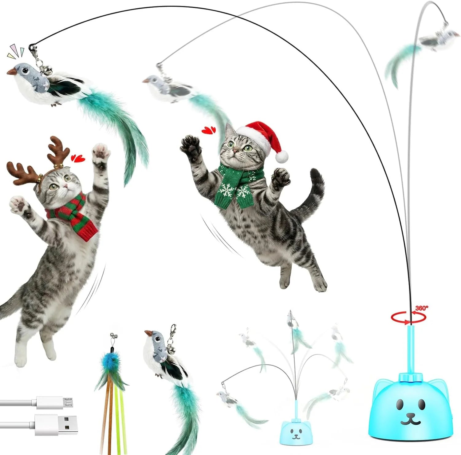 Interactive Cat Toys for Indoor Cats: Upgraded 360° Automatic Spin Flying Bird Feather Wand with Silicone Protected Rod Safe Play, Strong 8Cm Suction Cup, Usb-Rechargeable for Bored Kittens and Adult