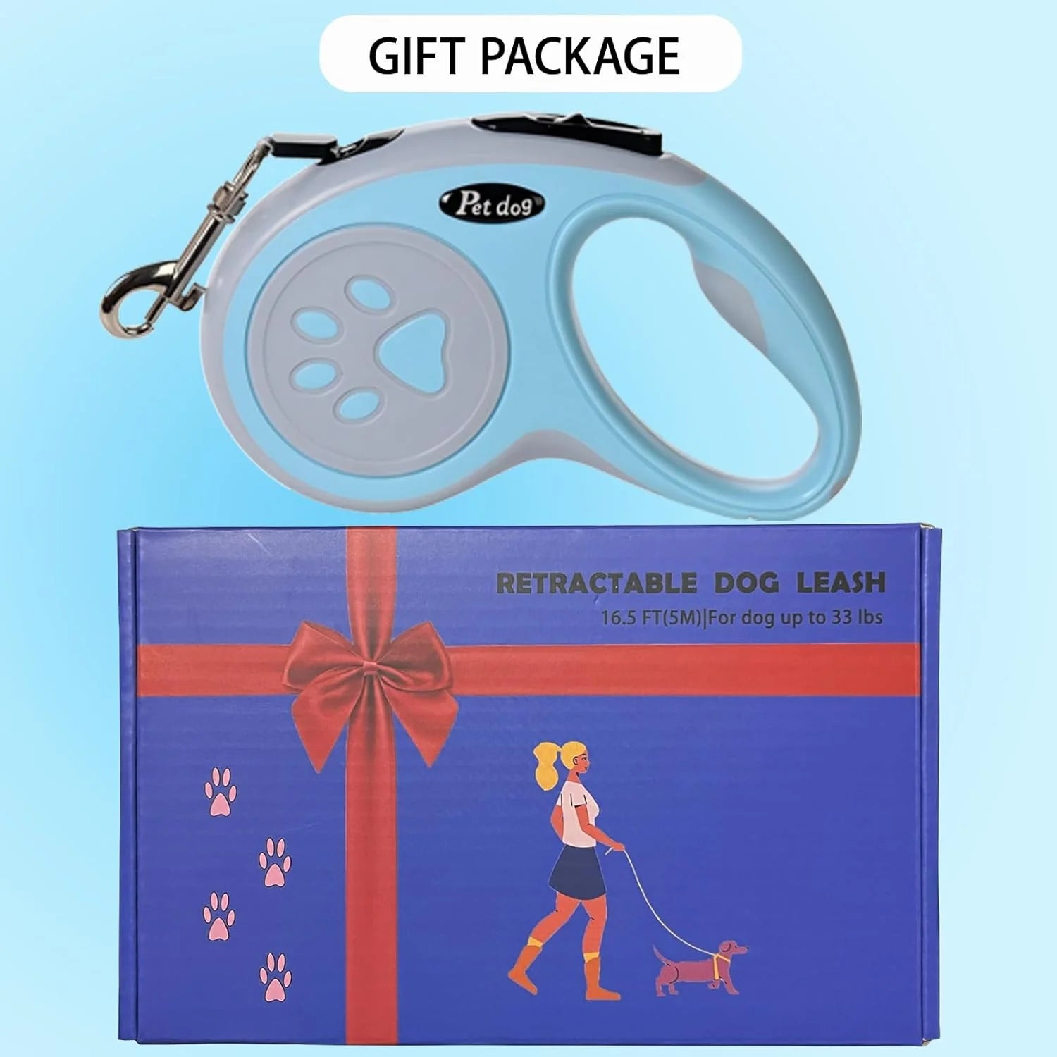 Dog Leash, VELIGOOD 5M/16FT Extendable Dog Lead with Strong Nylon Tape Tangle-Free One-Handed Brake, Pause, Lock for Small Medium Dogs (Blue)